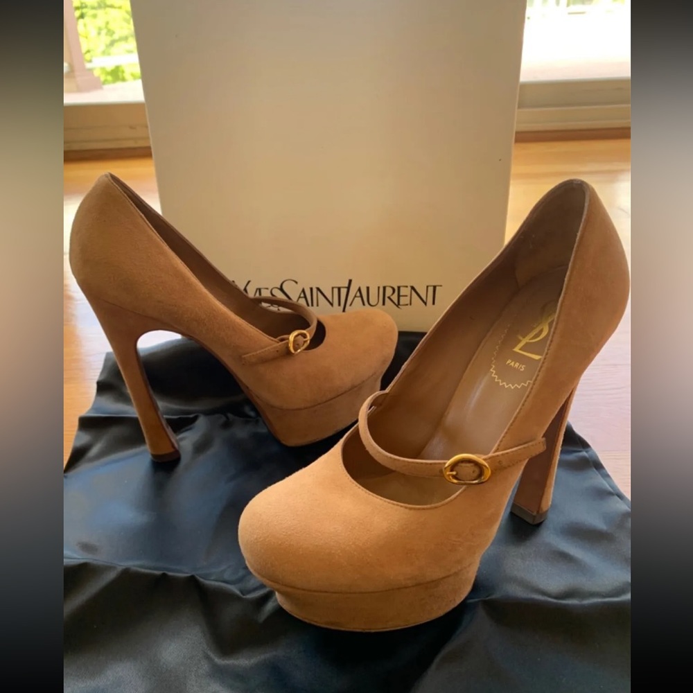 YSL PALAIS 105 CHAIN MJ KID SCAMOSCIATO TAN PUMP Platform High Heel Shoes Sz 7.5